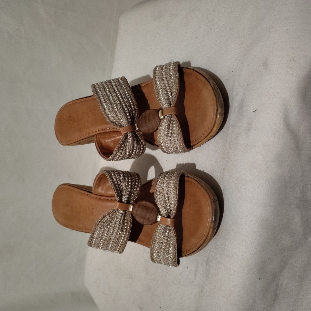 Wedge sandals beige , beaded, made in Italy, size 8, slip on